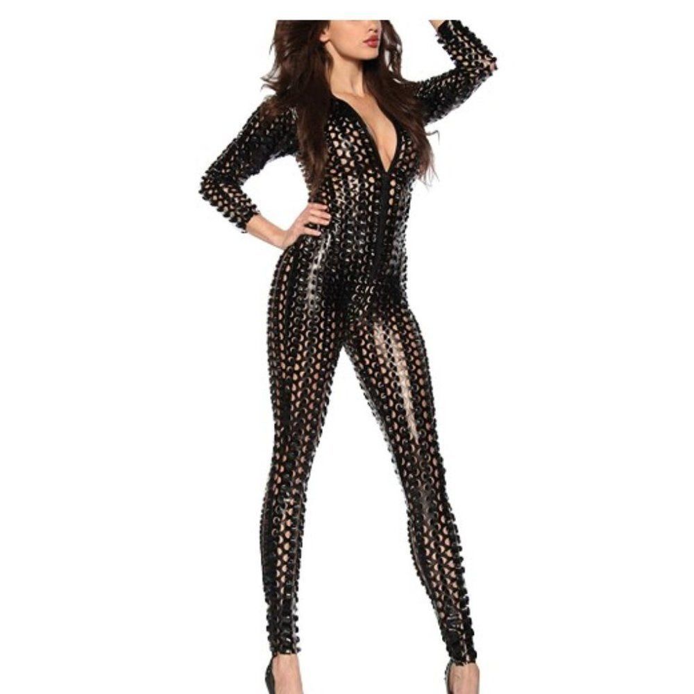 Sexy Hollow Cat Suit One Piece-Black